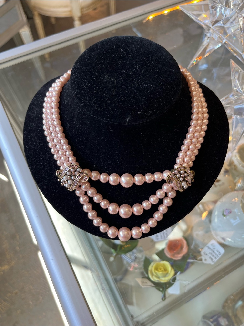 Heidi Daus Pink Pearl Triple-Strand Necklace with Decorative Clasp